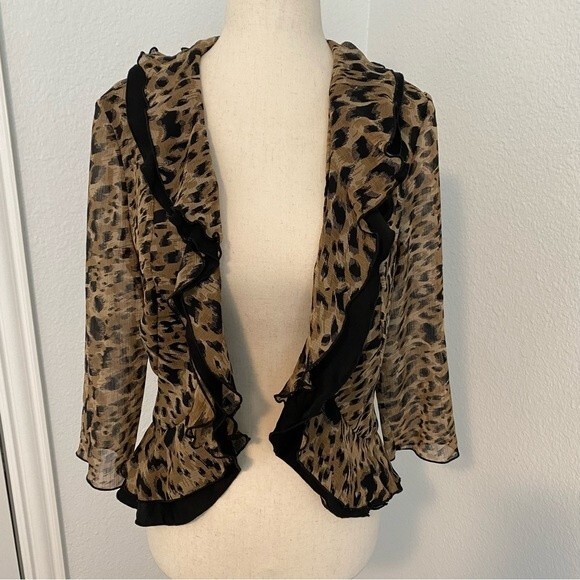 Maggie Sweet Open Front Jacket Black Brown Abstract Ruffle Fitted Crop Size PS - Picture 1 of 11